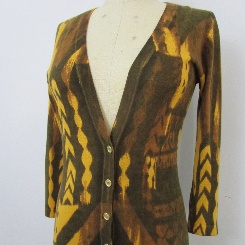 SILK CASHMERE Cardigan Sweater Knit Abstract Brown Gold Logo Button